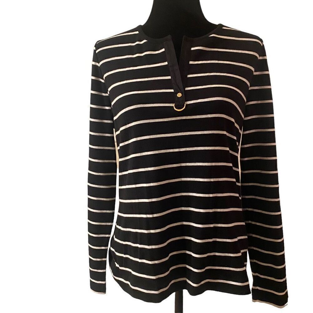 Lauren Ralph Lauren Black and White Striped Long Sleeve‎ Top Sz L